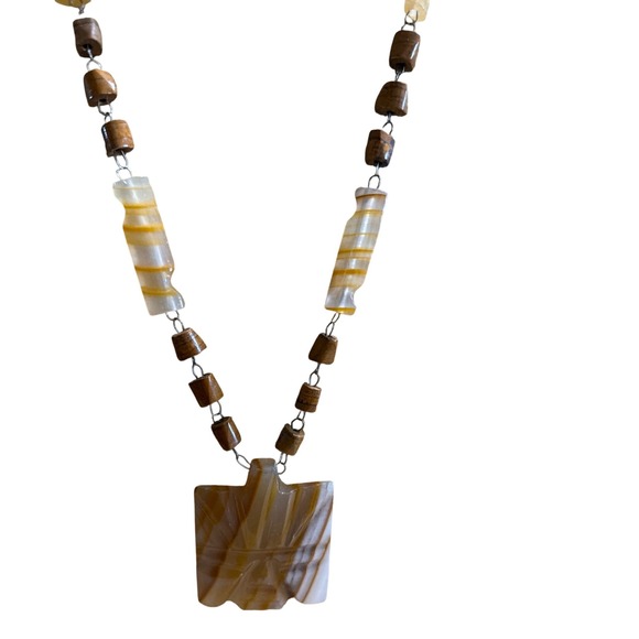 Jewelry - Carved Aztec Mayan Face Stone Pendant Necklace Banded Onyx Wood Beads